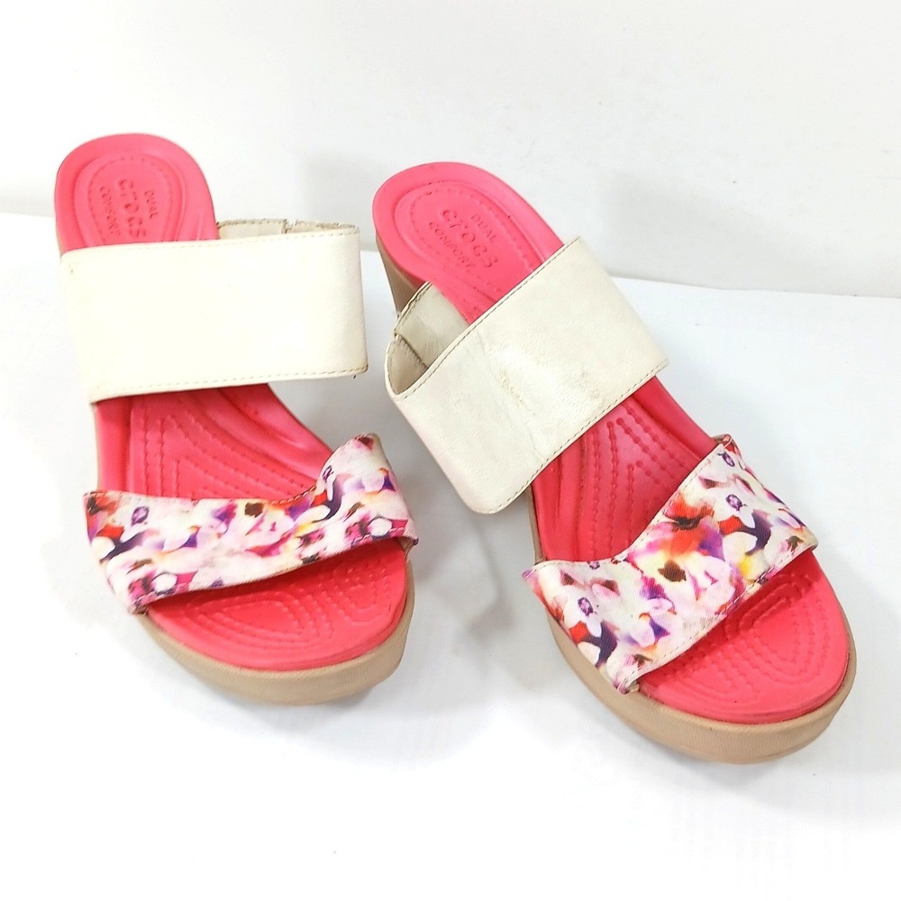 Crocs Leigh II Floral Wedge Sandals Pink Cream Strappy Platform Slides W8 202518